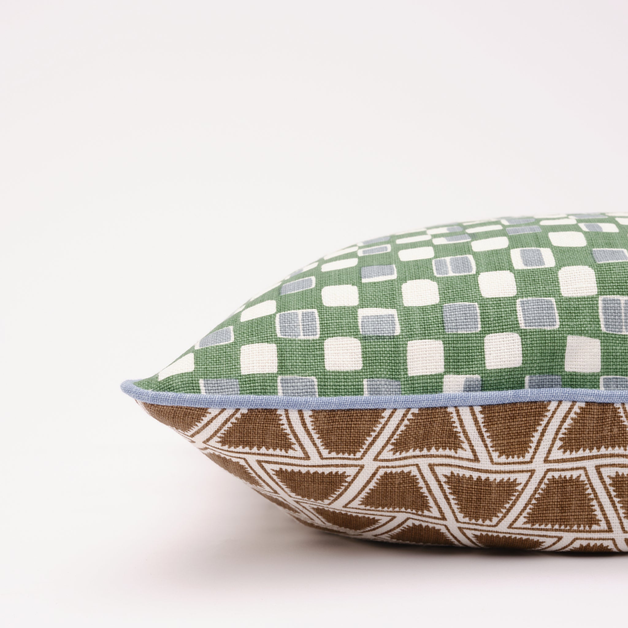 Square Cushion with Blue Contrast Piping (Green/Brown)